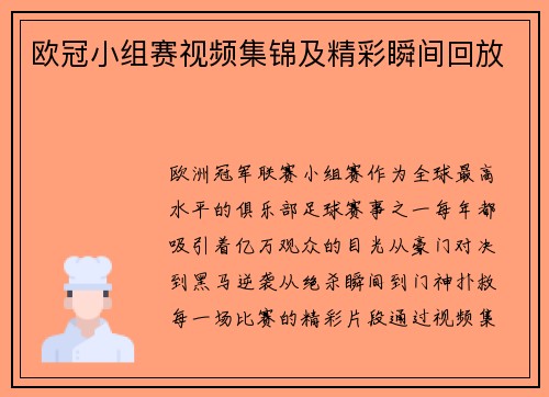 欧冠小组赛视频集锦及精彩瞬间回放